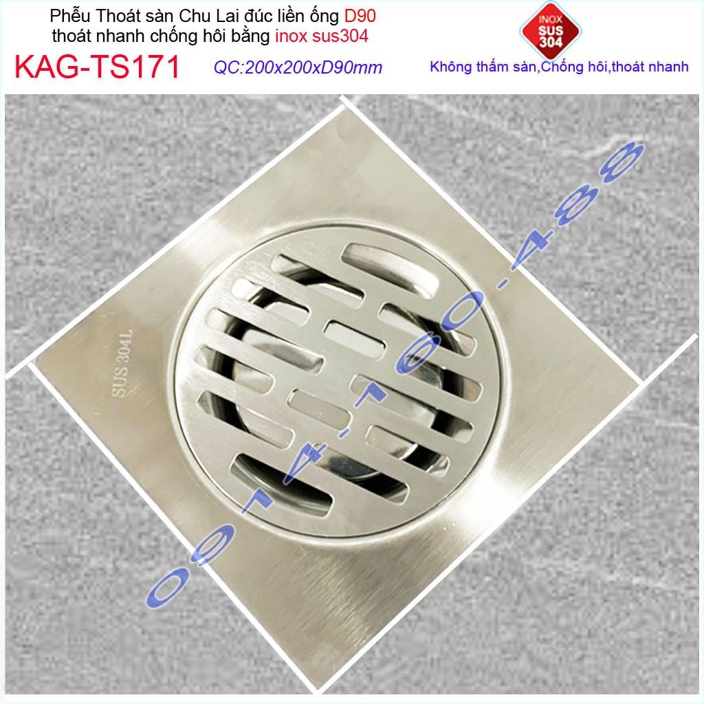 Phễu thoát sàn Chu Lai 20x20cm KAG-TS171-D90, Hố ga thoát sàn ống 9cm SUS304 inox đúc dày thoát nhanh chặn tóc tốt