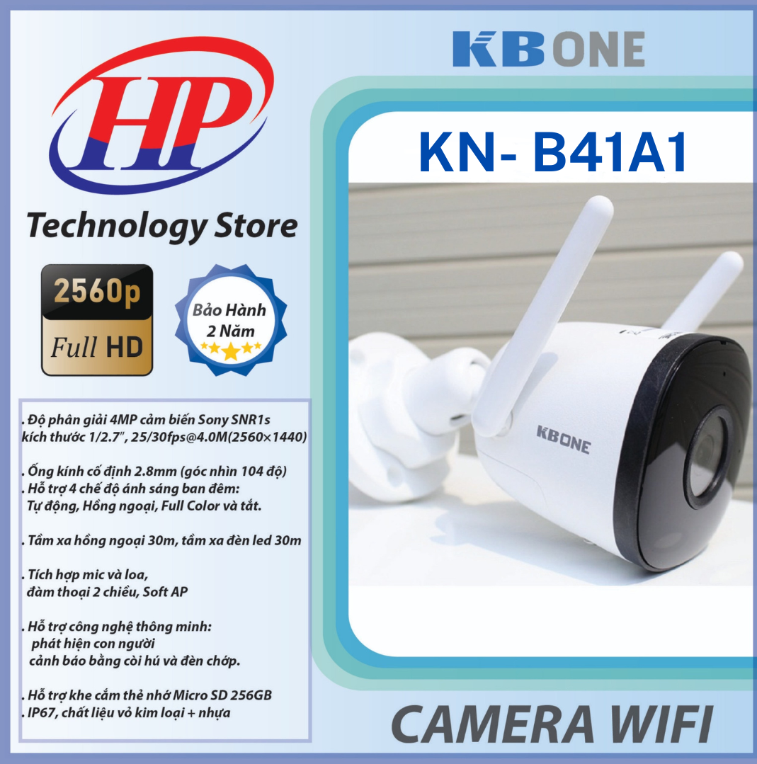 Camera Wifi KB.ONE KN-B41A1 4.0 Megapixel, Xoay 360 - Ngoài trời - Ban đêm có màu - Hàng chính hãng