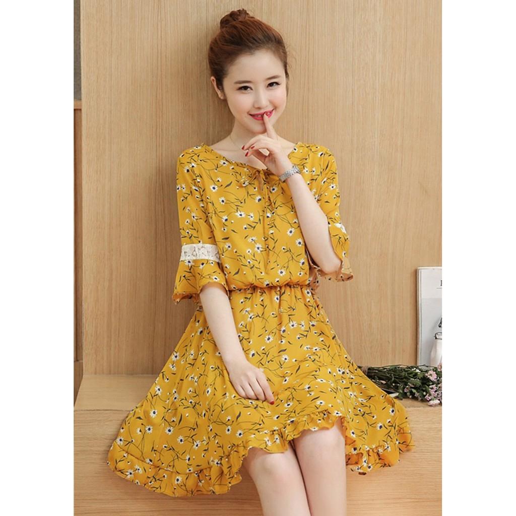 Đầm Nữ Hoa Dáng Xòe Tay Phối Ren