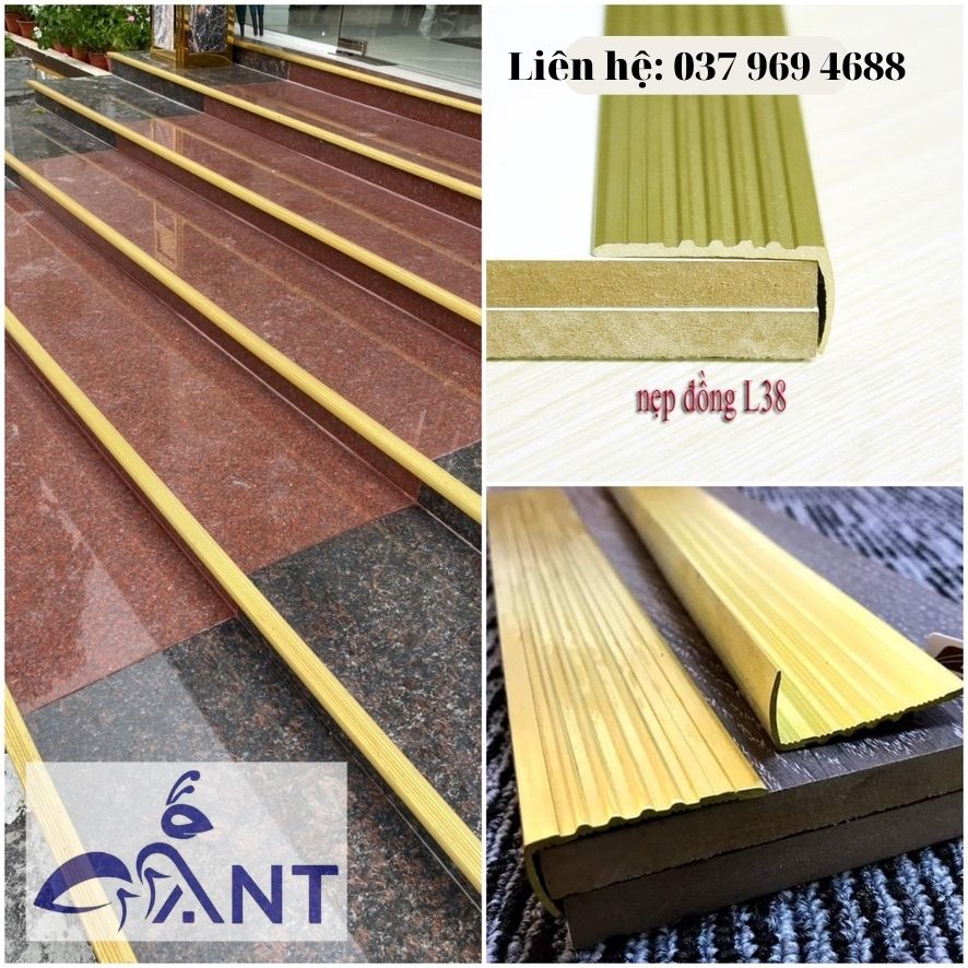 Nẹp đồng L38 gân, nẹp L đồng, nẹp ốp cầu thang, thanh dài 4m, dùng trang trí nhà cửa