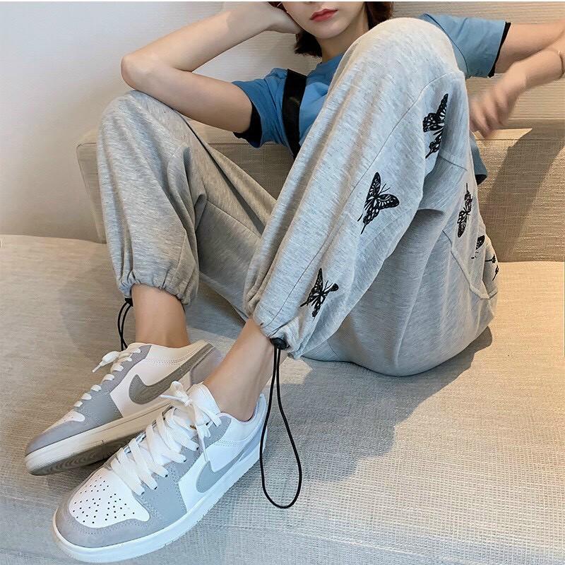 Quần Jogger Nỉ Rút Dây In Hình Cánh Bướm Hottrend 2021 2 Màu Cơ Bản, Quần Dài Thể Thao Dây Rút Trẻ Trung Thời Trang Nữ