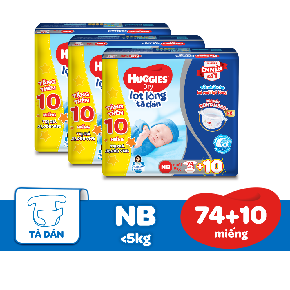 Combo 3 Gói Tã Dán Sơ Sinh Huggies NB74 (Dưới 5kg) - Gói 74 Miếng - Tặng 10 miếng