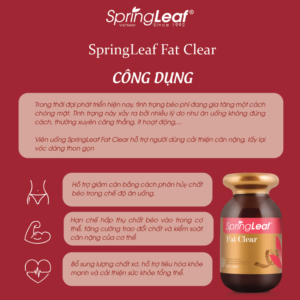 Viên uống SpringLeaf Fat Clear 120 viên hỗ trợ cải thiện cân nặng kiểm soát và phân giải mỡ trong cơ thể
