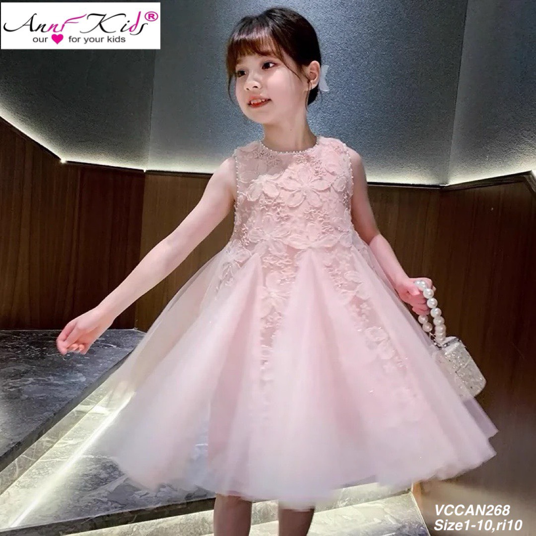 Váy công chúa bé gái sát nách 1-10 tuổi đính hoa nổi và kim sa lấp lánh vải ren điệu đà đáng yêu
