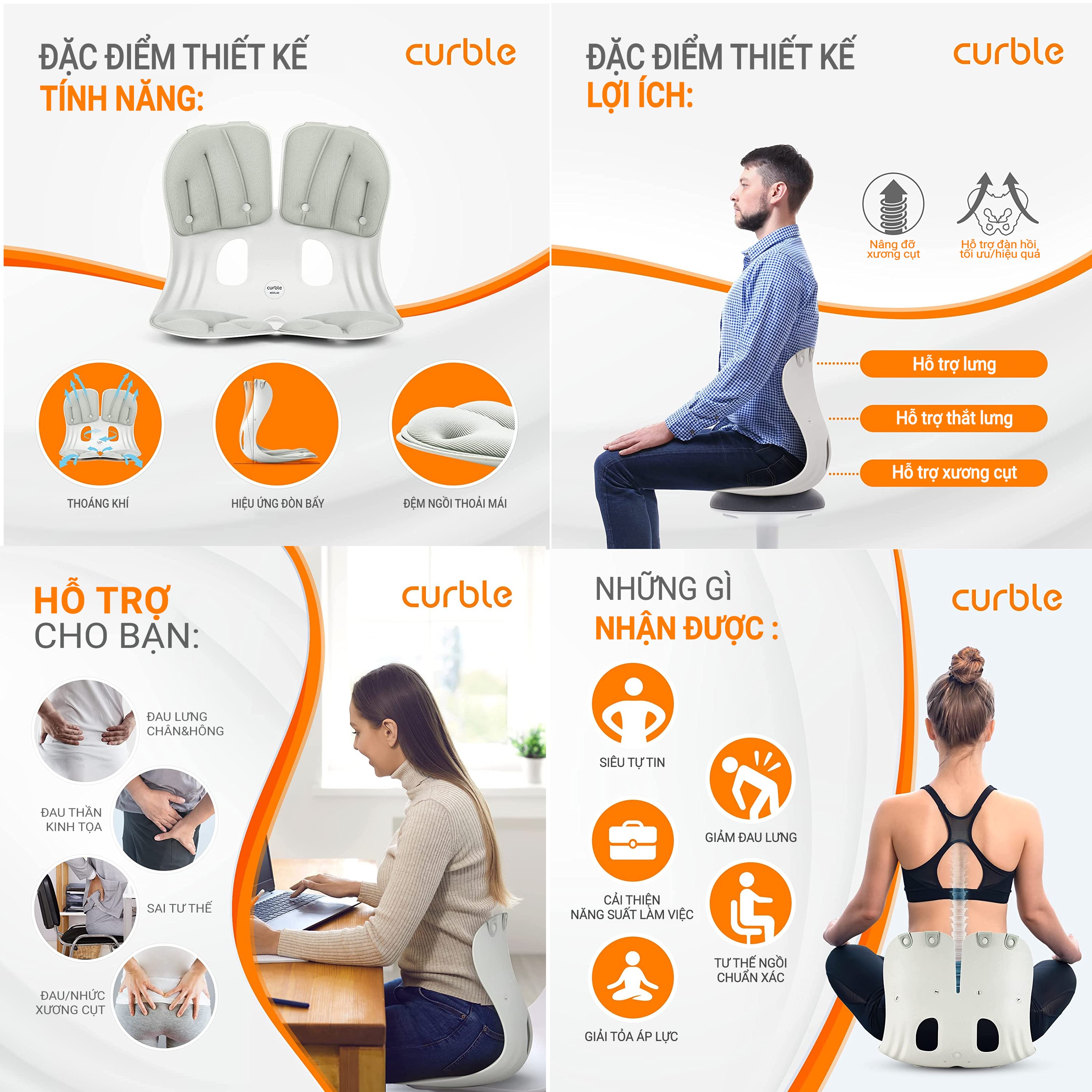 [Hàng chính hãng Curble Ablue] Combo 2 Ghế chỉnh dáng ngồi đúng, chống gù Curble Grand - Premium Model. Phù hợp mọi đối tượng cân nặng từ 65kg (Nam, Nữ) - Made in Korea. 3 màu tuỳ chọn