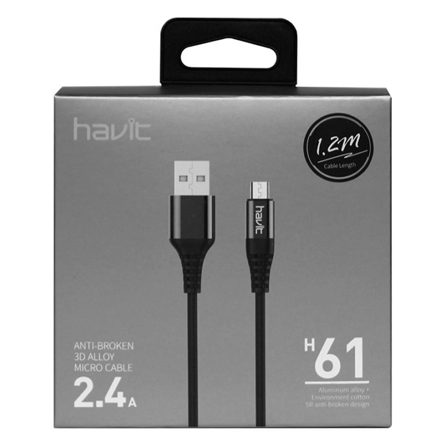 Cáp sạc micro usb chống đứt Havit H61 1.2m (Màu đen) - Hàng Chính Hãng