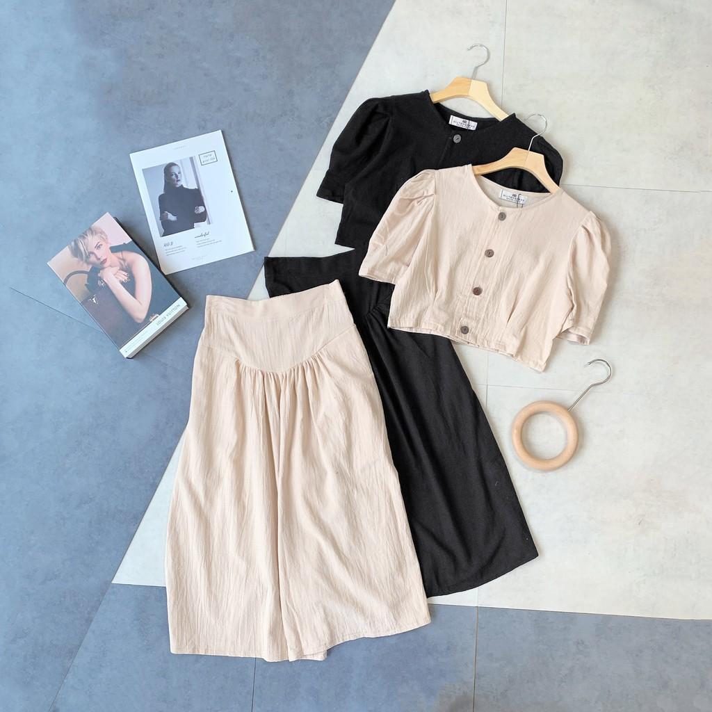 Set áo croptop cộc tay quần lửng sớ hai màu be và đen SET202102