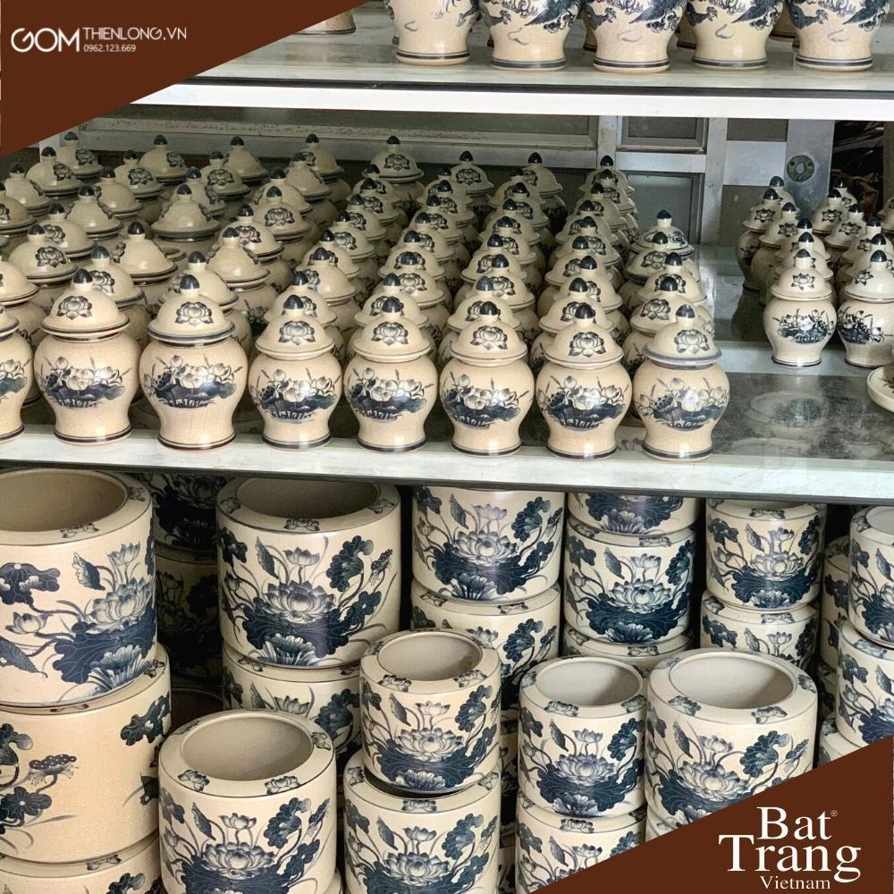 Bộ Đồ Thờ Men Rạn Vẽ Hoa Sen - Đồ Thờ Cúng Giá Tốt Bát Tràng - Gốm Thiên Long