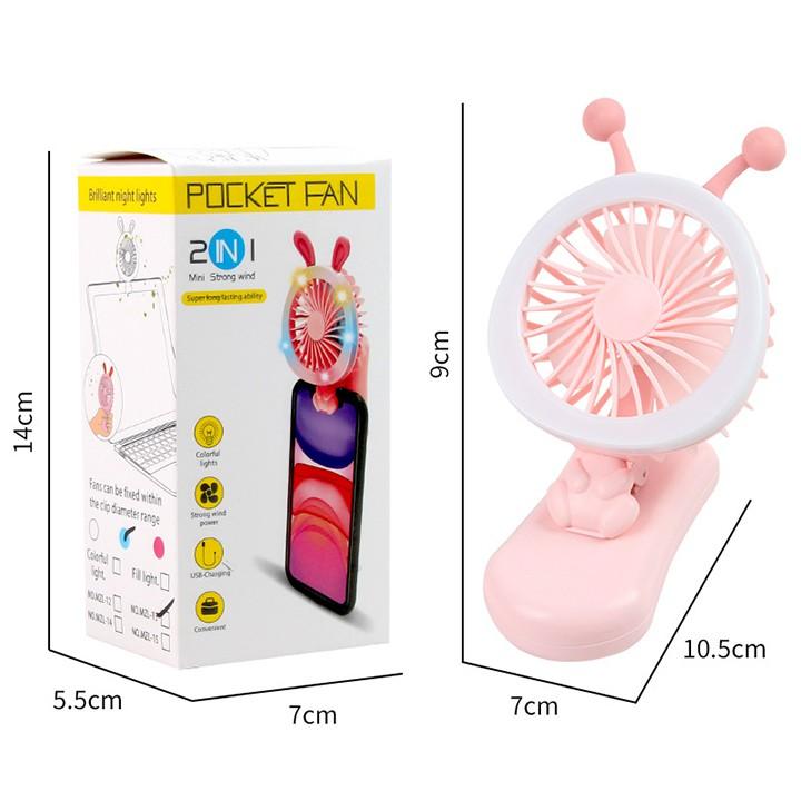 Quạt Mini Pocket Fan Hình Thỏ Tích Hợp Kẹp Điện Thoại, Sạc USB Tiện Dụng - Giao Màu Ngẫu Nhiên