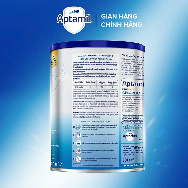 Combo 6 Sản phẩm dinh dưỡng công thức Aptamil Profutura Cesarbiotik 2 Follow On Formula (Dành cho trẻ từ 12 -24 tháng tuổi), 800g
