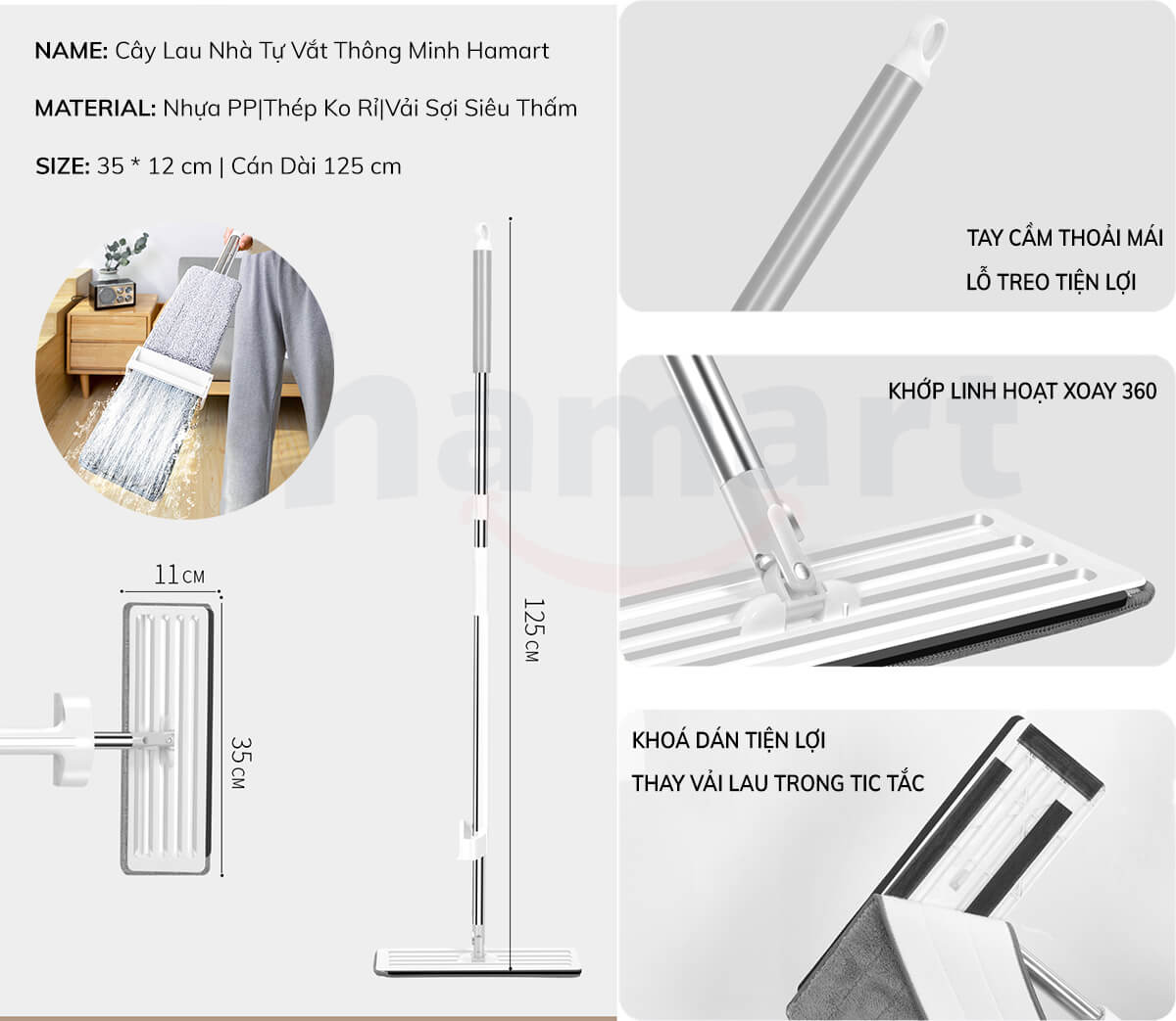Cây Lau Nhà Mini Tự Vắt Thông Minh Xoay 360 Chổi Lau Sàn Gấp Gọn Kèm 2 Miếng Vải Lau KHÔNG THÙNG