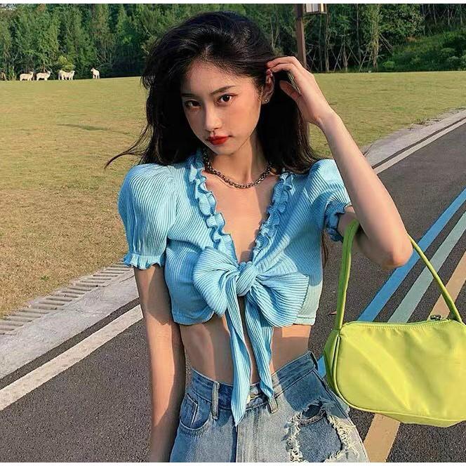 Áo thun gân viền bèo cột nơ ngực siêu xinh hot hit cho bạn gái, tôn dáng, siêu xinh đủ màu, mẫu mới sexy