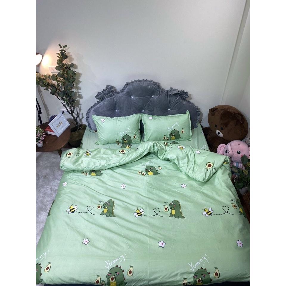Bộ ga gối cotton giá rẻ 180x200x10cm màu xanh họa tiết khủng long nhỏ
