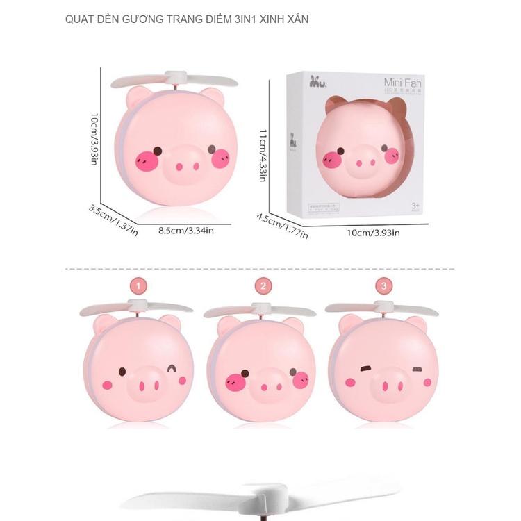 Quạt theo gương 3in1 hình GẤU- HEO hồng - quạt, gương, đèn cute tiện lợi