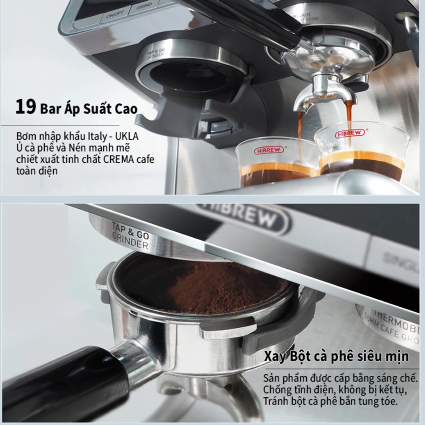 Máy pha cà phê Espresso chuyên nghiệp 3 trong 1 thương hiệu cao cấp HiBREW CM5020, công suất 1550W, áp suất 20bar - Hàng chính hãng