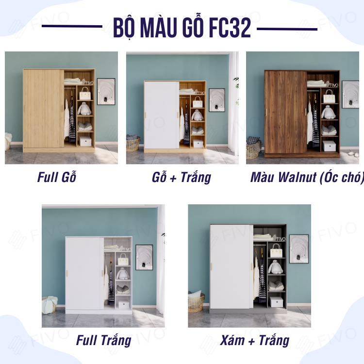 Tủ Quần Áo Gỗ FIVO FC32 Cửa Lùa Thiết Kế Nhiều Ngăn Chứa Đa Năng, Tiện Dụng - Màu Full Gỗ