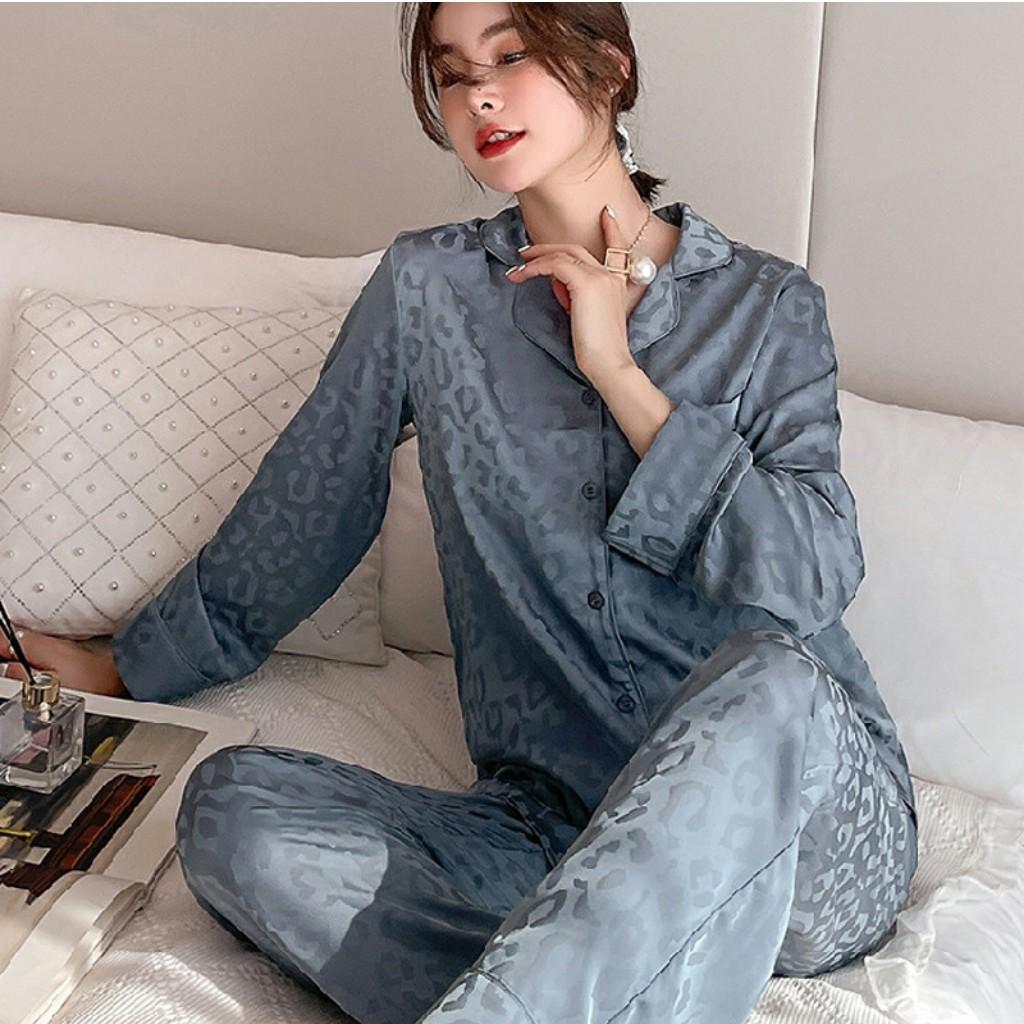 Bộ đồ ngủ, bộ ngủ nữ pijama lụa cao cấp Quảng Châu dài tay họa tiết sang trọng