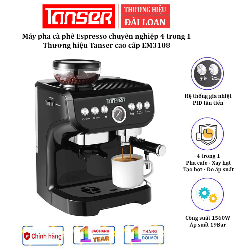 Máy pha cà phê Espresso Cappuccino Latte  chuyên nghiệp 4 trong 1 Tanser EM3108 - Công suất lớn 1560W : 19 Bar áp suất