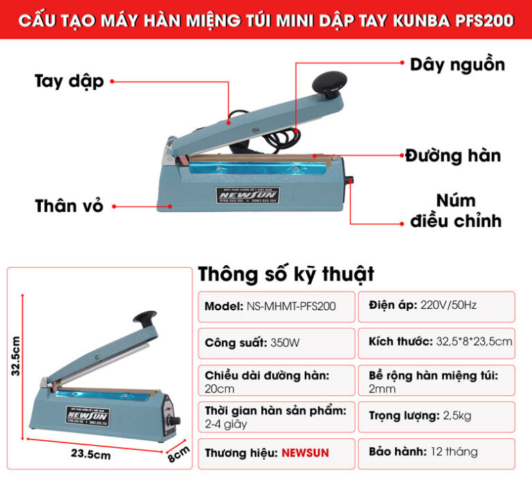 Máy hàn miệng túi mini dập tay Kunba PFS200 NEWSUN - Nhanh chóng, kín khít, đẹp mắt - Hàng chính hãng