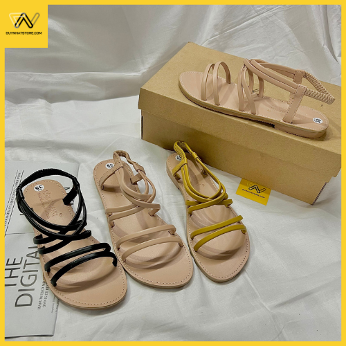 Giày Sandal Nữ Quai Ngang Đế Bệt Màu Kem Vàng Đen Dây Mảnh Nhỏ Duy Nhật Store Học Sinh Đi Học Bền Uzzang Chiến Binh Thun