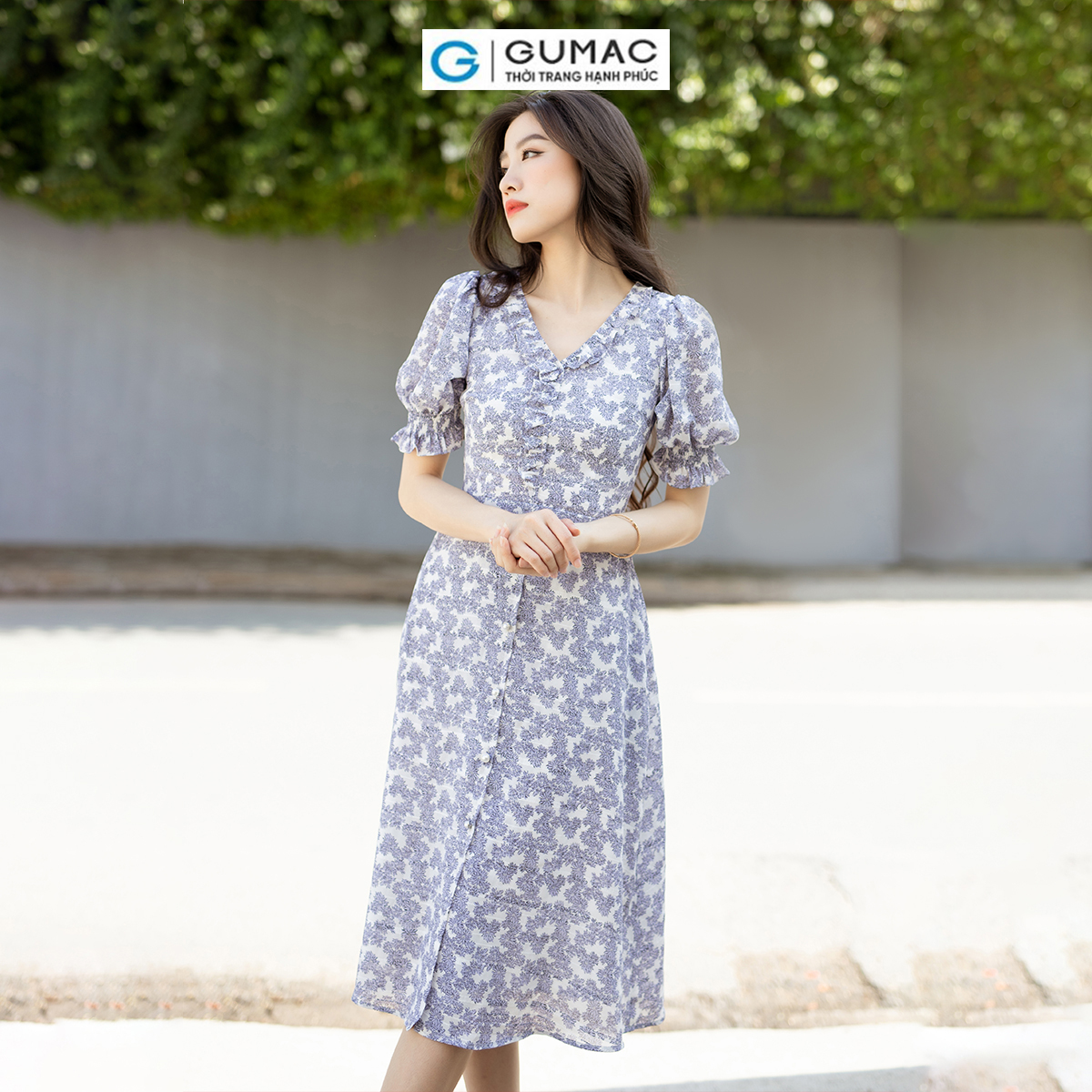 Đầm A họa tiết hoa tay bo nhún thanh lịch nữ tính thời trang GUMAC DD07021