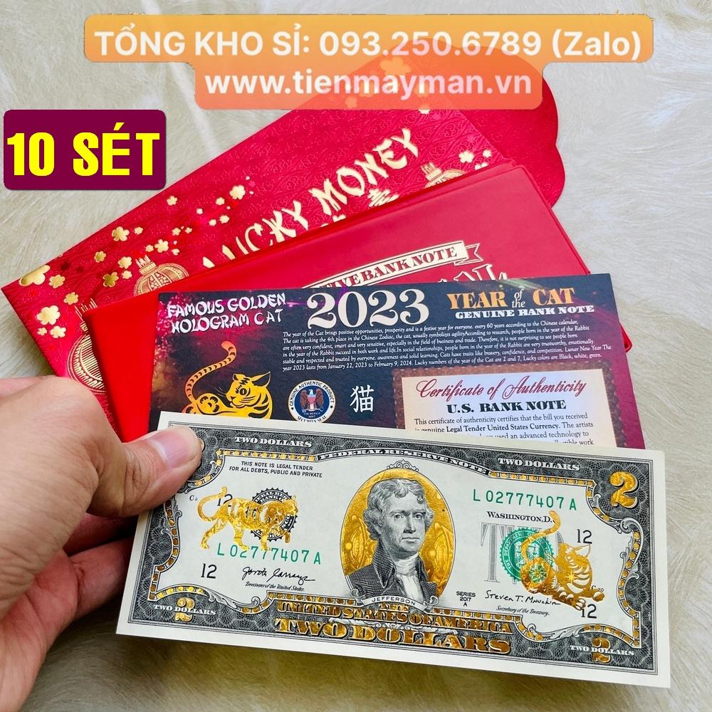 [CÒN HÀNG] [10 SÉT] Bao Lì Xì Tiền 2 USD Hình Con Mèo Vàng 3D , kèm bao da đỏ, sưu tầm lưu niệm, quà Tết, trang trí