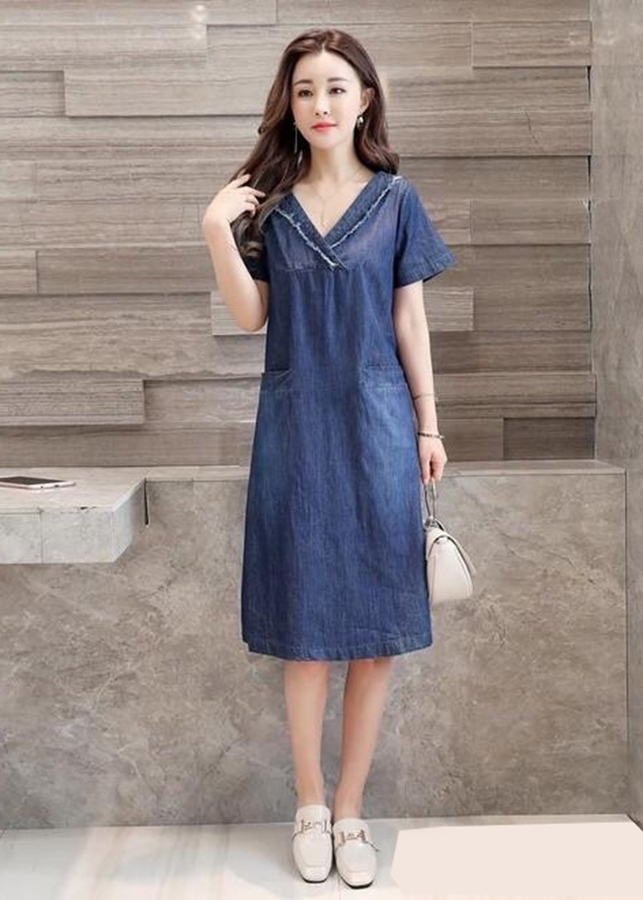 Đầm Jean Nữ Cổ Tim Túi Giả