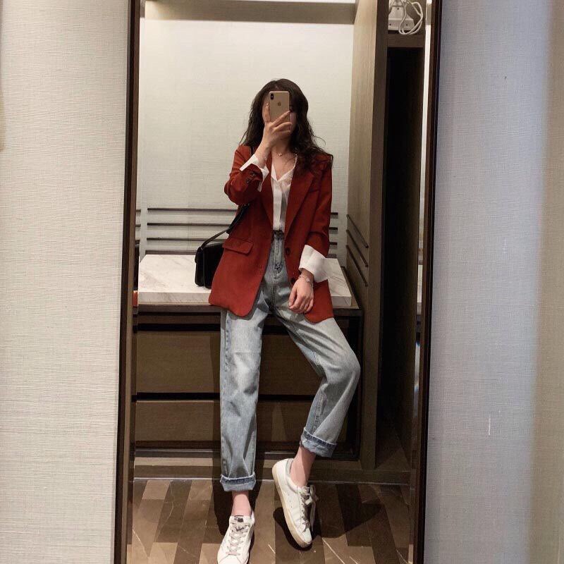 Áo khoác Blazer Màu Đỏ Phong cách Retro Hàn Quốc Cho Nữ