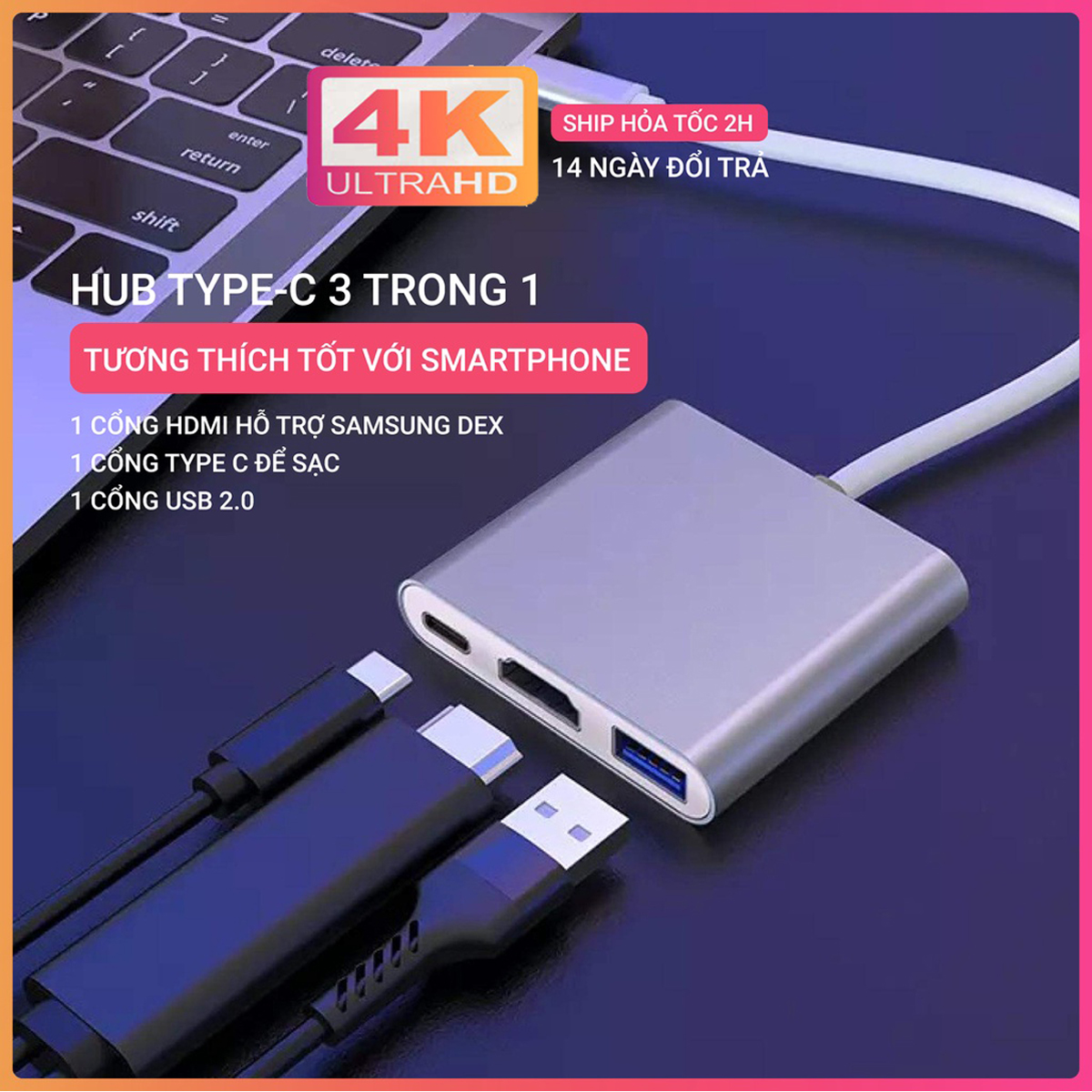 Hub chuyển đổi USB Type C 3in1 sang HDMI, USB 3.0, cổng sạc nhanh PD Type-C dành cho Laptop, Macbook, Điện thoại, Samsung Dex