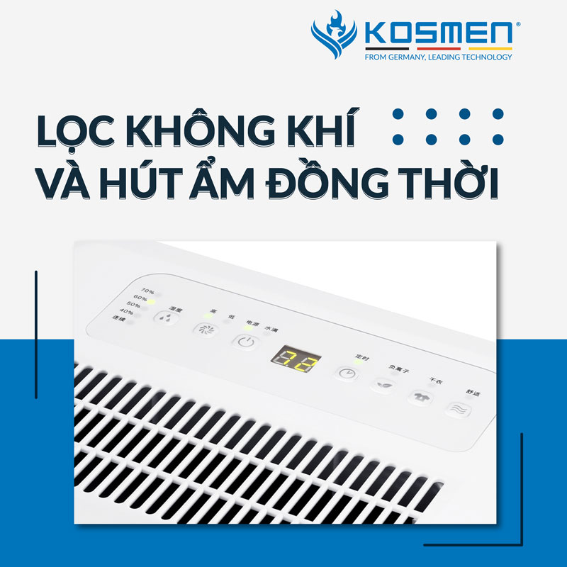 Máy Hút Ẩm  Lọc Không Khí -2 Trong 1 - KOSMEN KM-12N - 12 Lít/ Ngày - Công suất 190W - Diện tích 10-40m2 - Hàng Chính Hãng