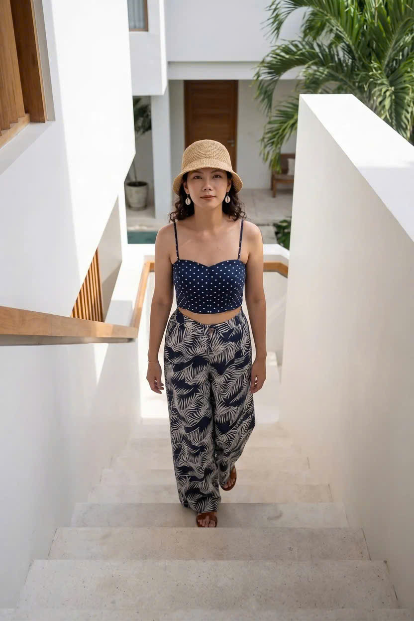 Quần Ống Rộng Linen Lá Cọ Xanh Navy Pan055 Thời trang Hity