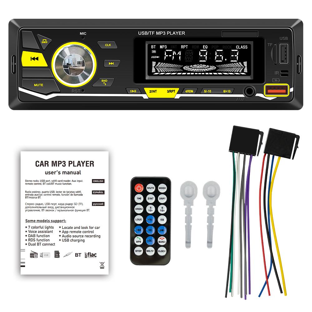 Car MP3 Player BT Stereo Receiver FM Radio Hands-Free Calling U-Disk/TF Card/Aux-in Player Support APP to Find Car/Voice Assistant/Audio Recording with Remote Controller Colorful Light