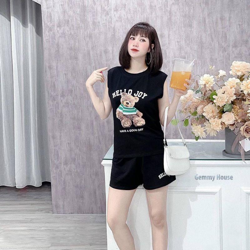 Bộ đùi mặc nhà nữ mùa hè sát nách , đồ bộ bigsize chất cotton xịn in hình gấu Helo Joy đi chơi,dạo phố,yoga đều được