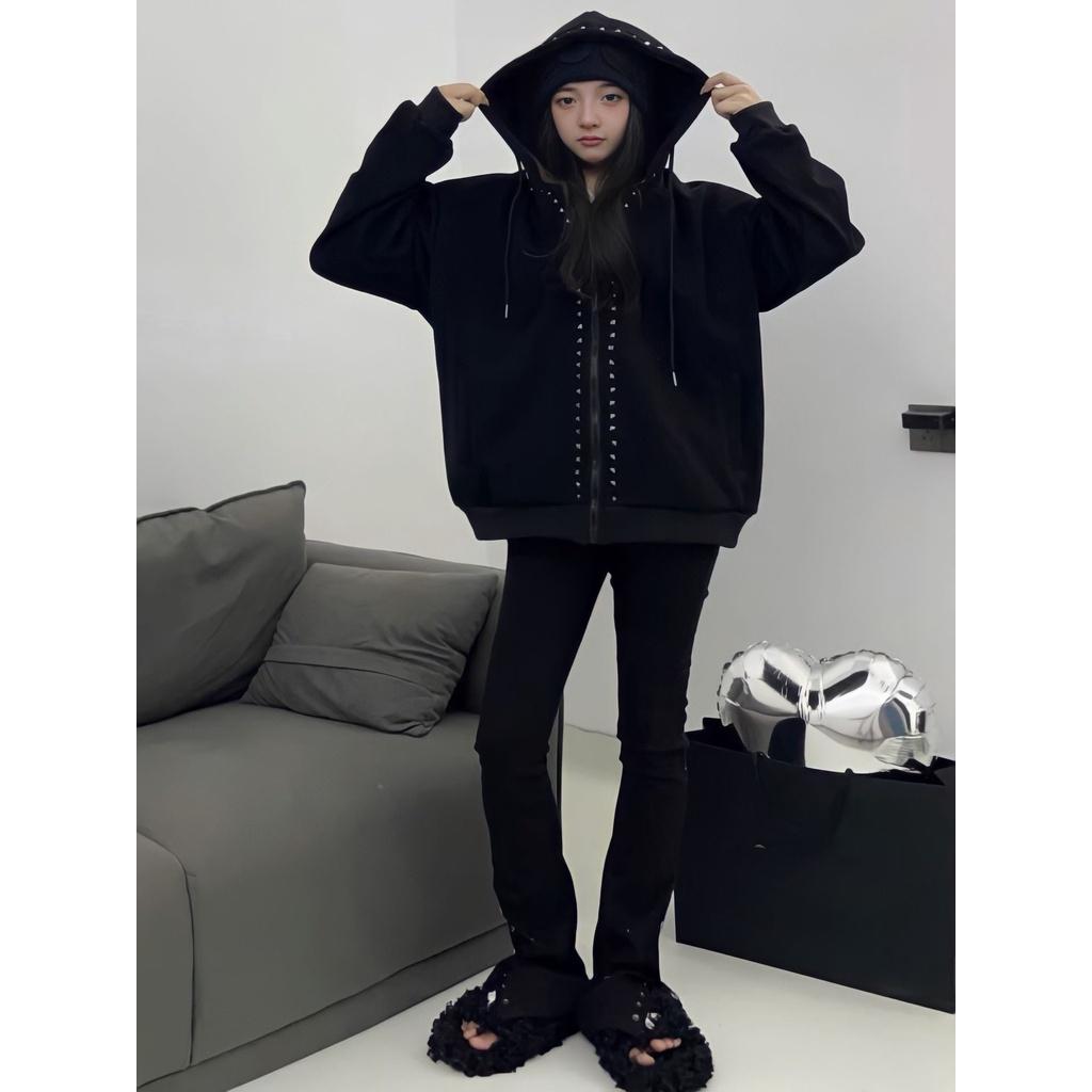 Áo Hoodie Nỉ Unisex Nam Nữ Đính Đinh Khóa Kéo