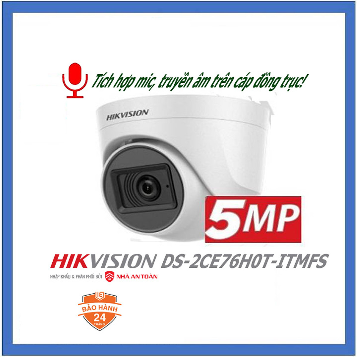 Camera Hikvision HD TVI 5.0Mp độ phân giải 2K ( 2560 x 1944 ). TÍCH HỢP MIC GHI ÂM Sử dụng với đầu ghi hình qua cáp đồng trục. Mã SP H0T S - Hàng chính hãng