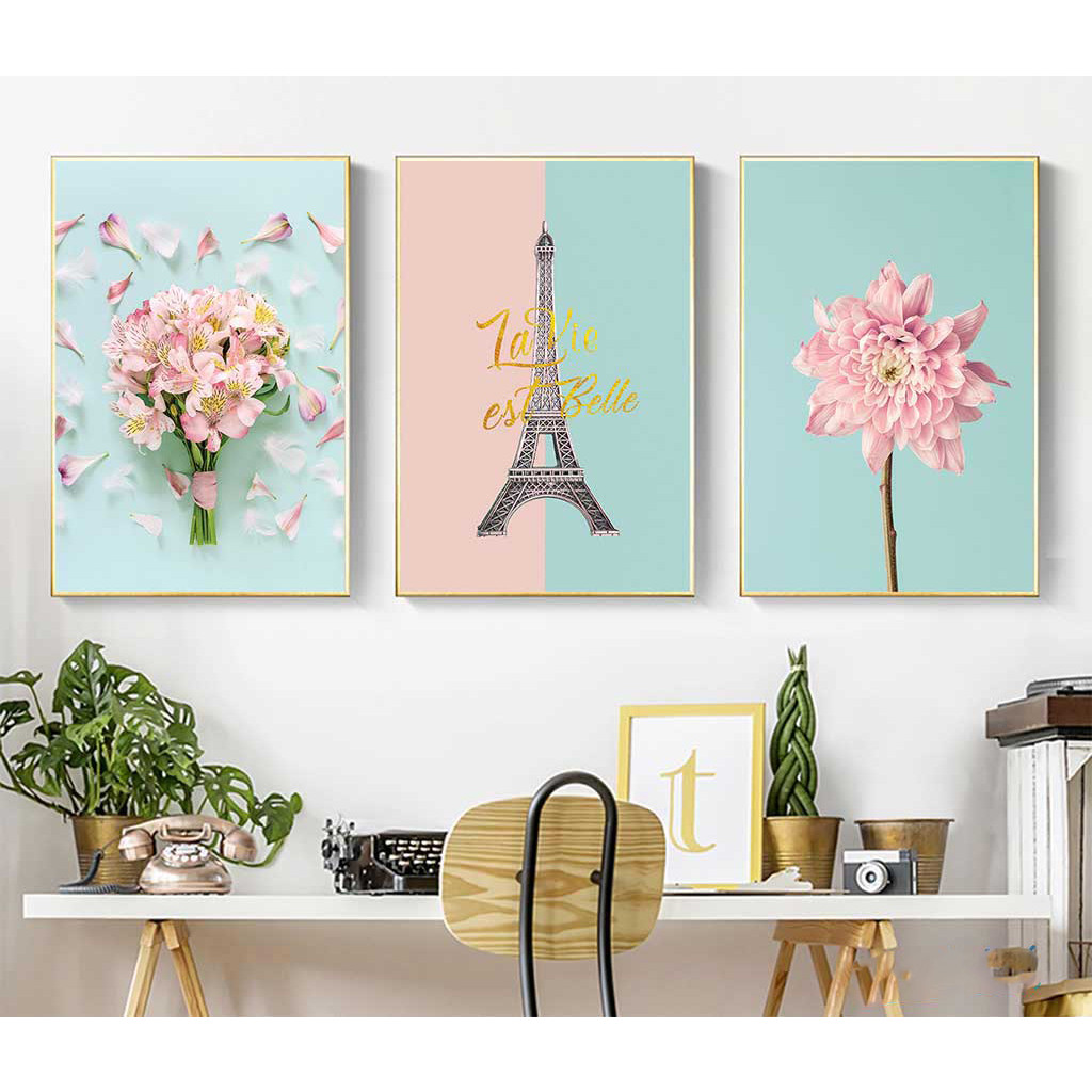 Set 3 tranh canvas hoa và tháp Eiffel pastel lãng mạn HO0169