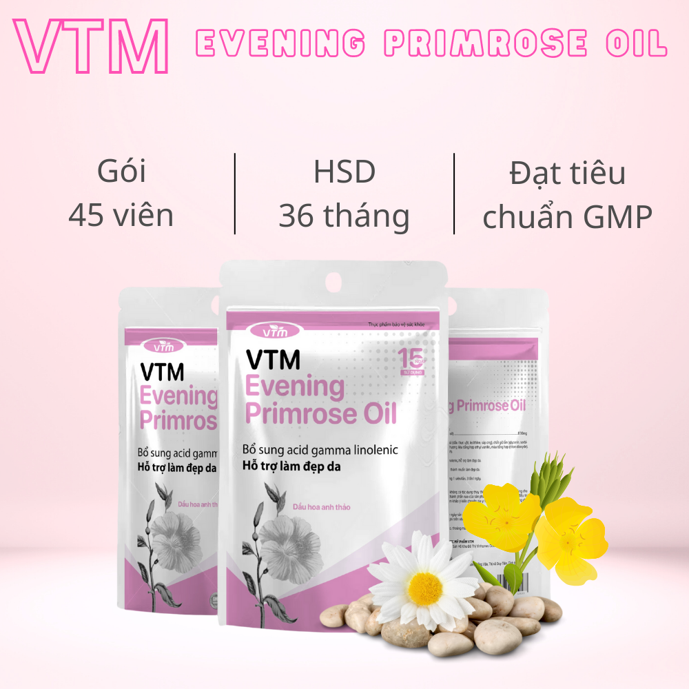 Viên uống tinh dầu hoa anh thảo Evening Primrose Oil VTM, hỗ trợ cân bằng nội tiết tố, làm đẹp da, tóc, móng - 15 ngày