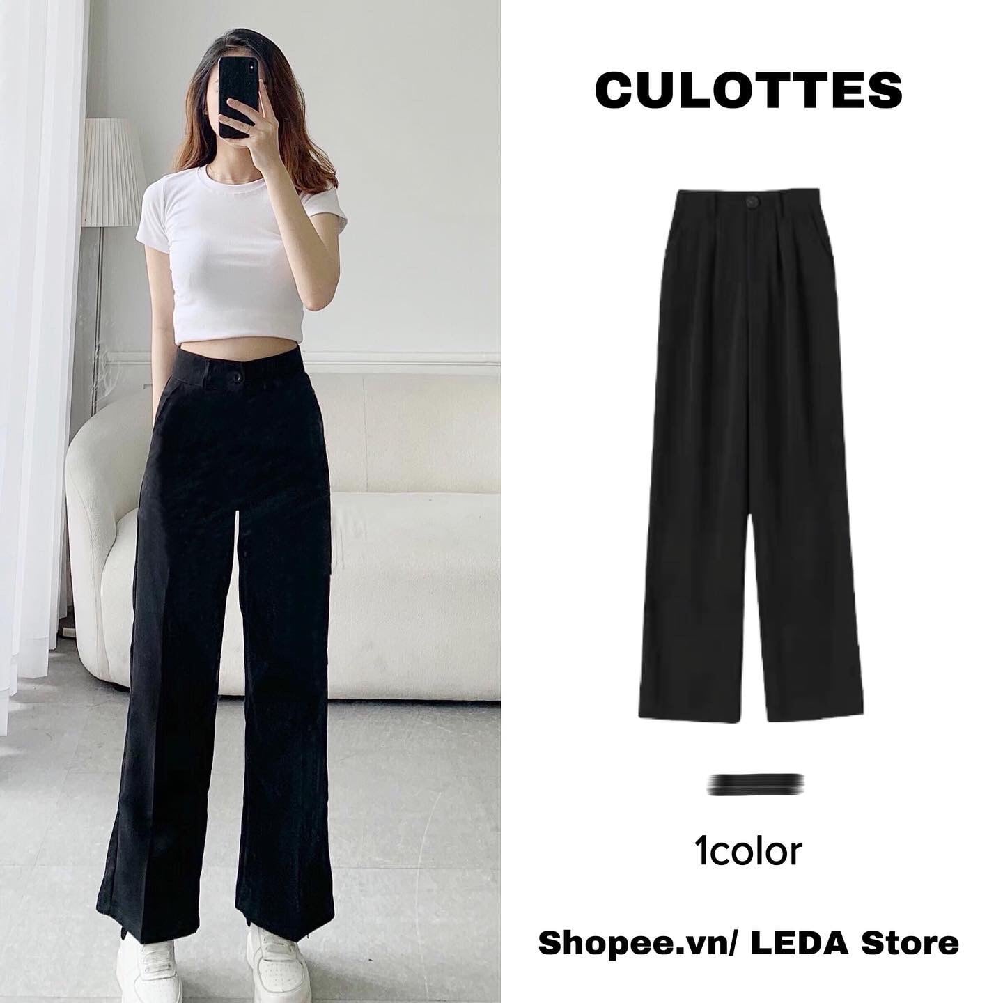 Quần tây đen ống rộng dáng suông lưng cao Ulzzang phong cách Hàn Quốc