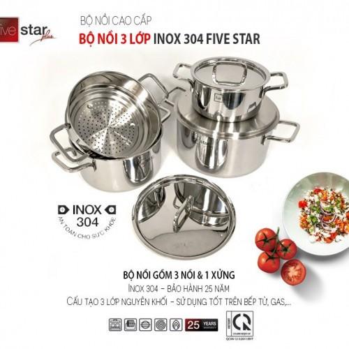 Bộ nồi xửng hấp inox 304 cao cấp Fivestar Plus 3 lớp đúc liền 4 chiếc nắp inox