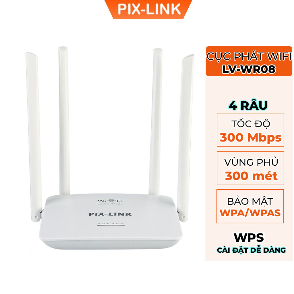 Cục PhátWifi 4 Râu PIX-LINK LV-WR08Q, Modem Wifi 300Mbps Cường Độ Sóng Khỏe, Phủ Sóng Rộng - Hàng chính hãng