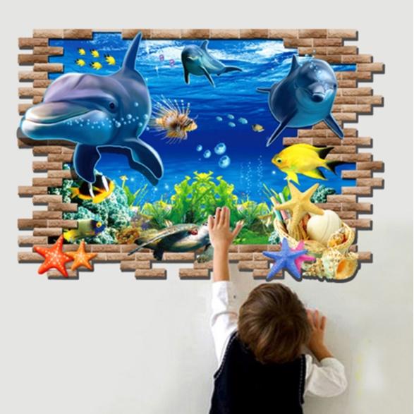 Decal trang trí tường - Cá heo bơi qua vách nứt tường