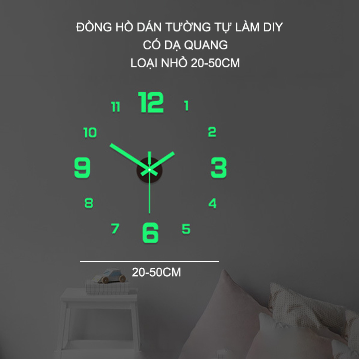 Đồng hồ dán tường tự làm DIY loại nhỏ có dạ quang, đường kính 20-50cm