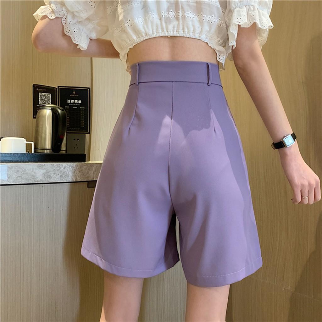 Quần short ống rộng cạp cao lưng thun màu tím D45
