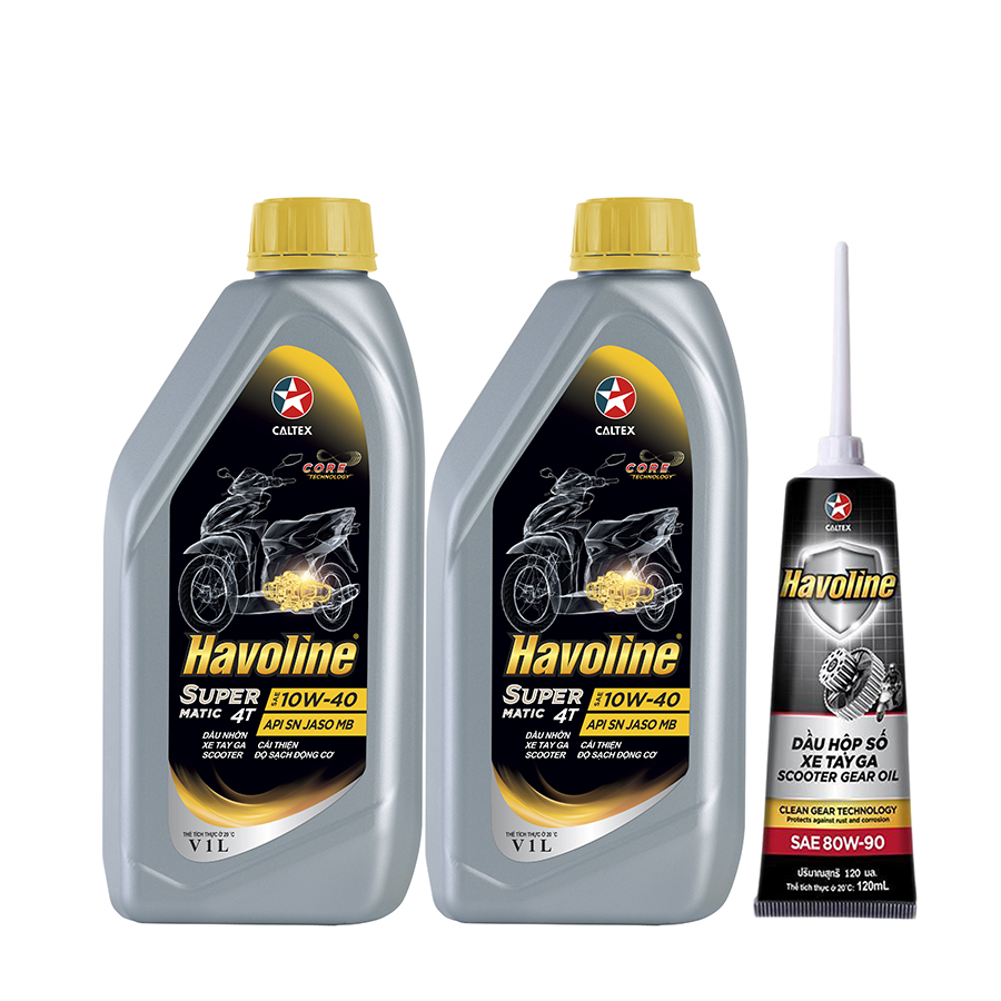 Combo 2 chai dầu nhớt xe tay ga Caltex Havoline SuperMatic 4T SAE 10W-40 1L tặng kèm nhớt hộp số xe tay ga