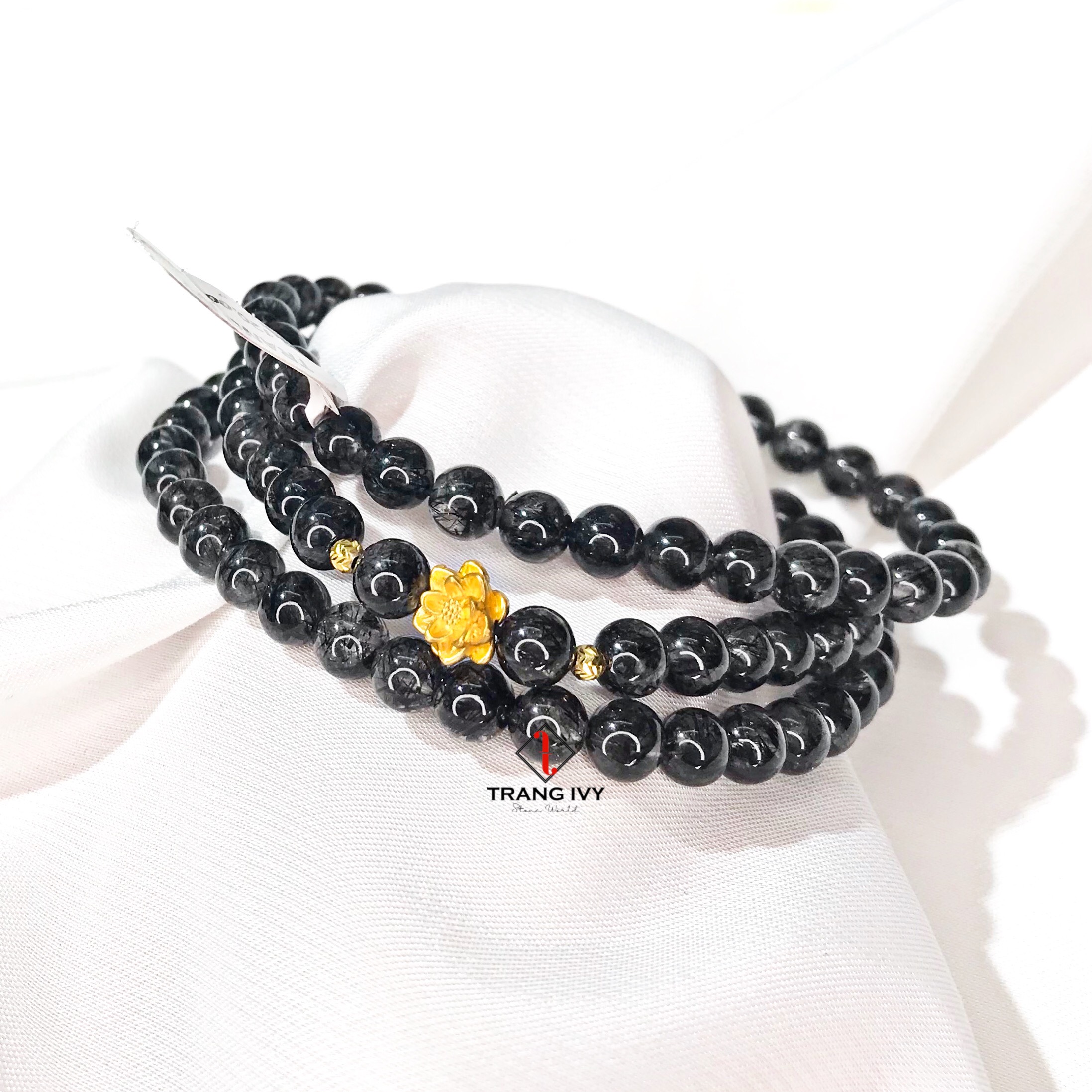 Vòng tay thạch anh tóc đen mix Hoa sen vàng 24k