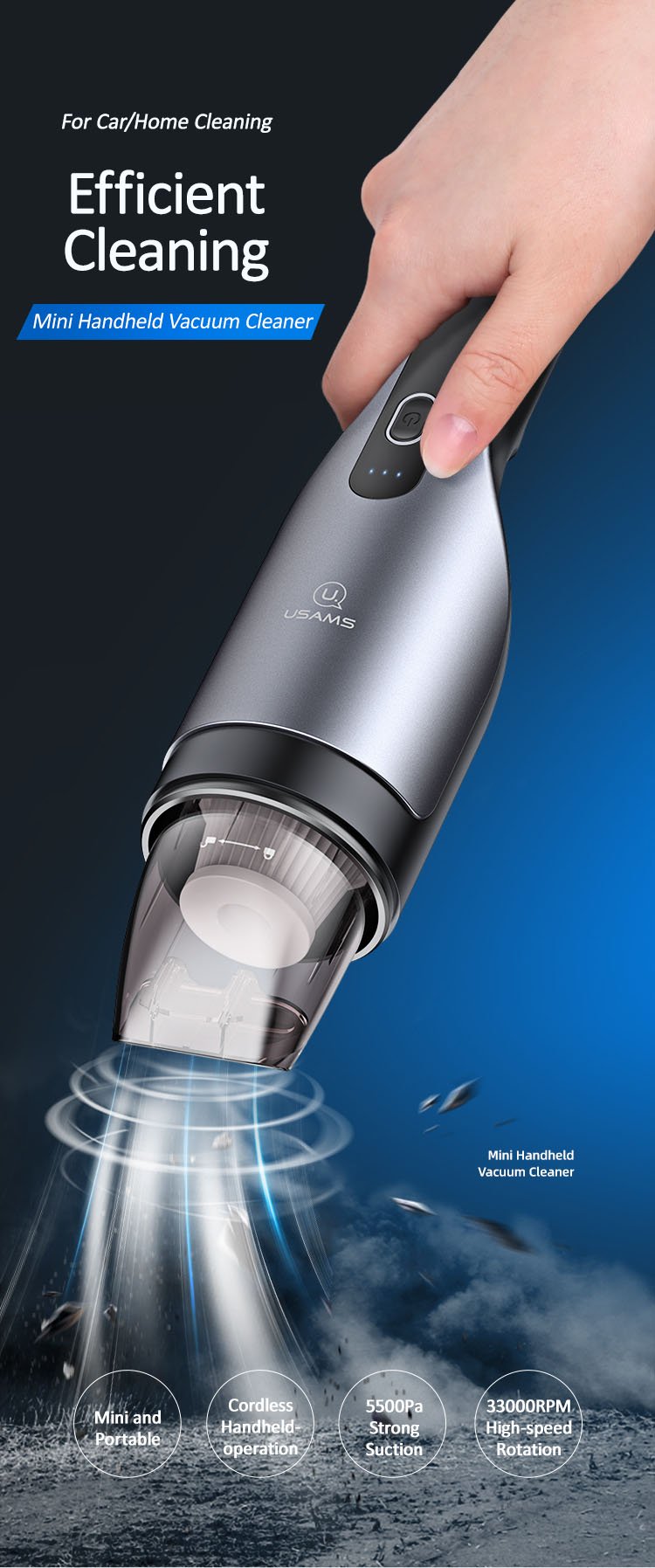 Máy hút bụi cầm tay mini cho xe hơi, nhà ở USAMS US-ZB108