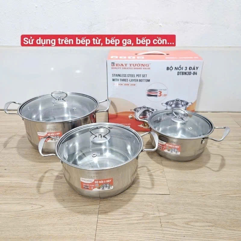 Bộ Nồi Inox 3 Đấy Dùng Cho Mọi Loại Bếp Nắp Kính Cường Lực