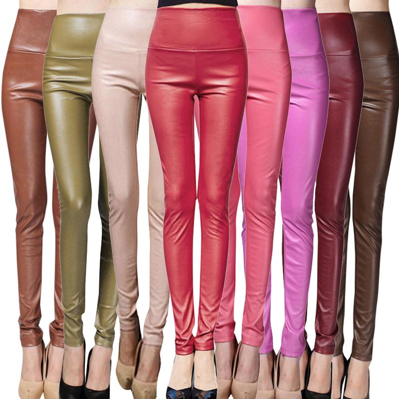 Fashion Women Leggings Skinny Pants PU Leather Elastic High Waist Warm Fleeces Autumn Winter Solid Slim Tights Pencil