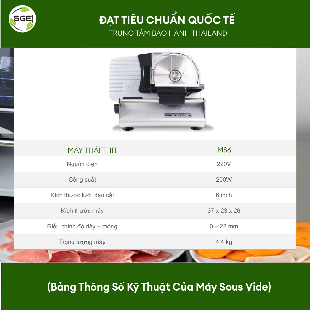 Máy thái thịt, thái rau củ MS6, hàng chính hãng SGE Thailand. Phù hợp dùng cho gia đình, nhà hàng, hộ kinh doanh, siêu thị.