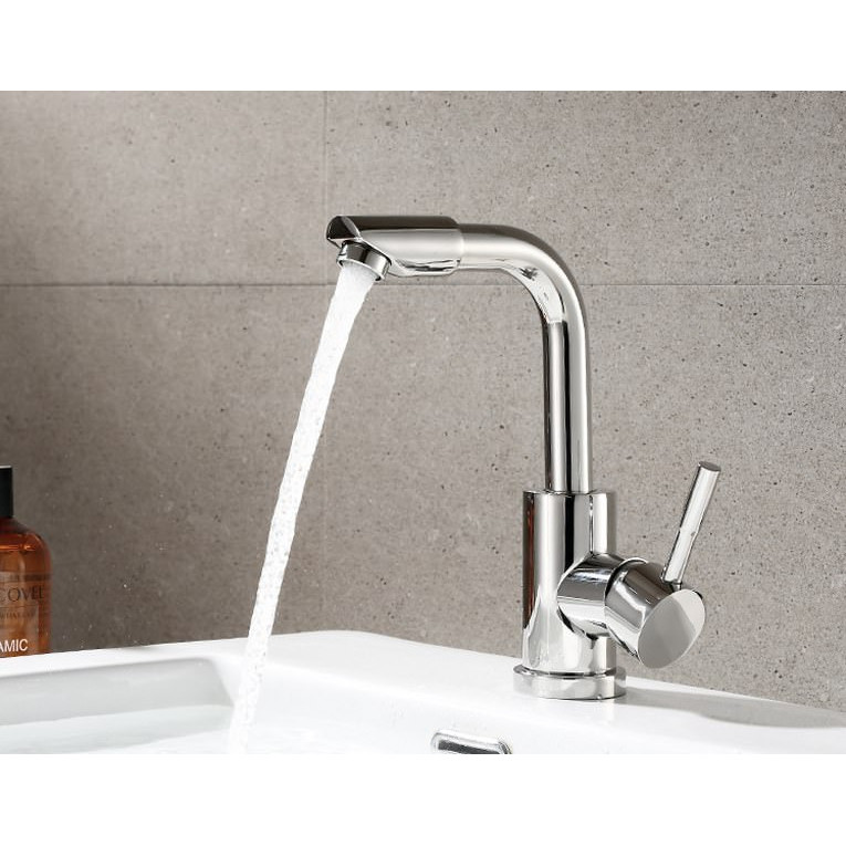 Vòi Lavabo nóng lạnh cần uốn vuông đầu xoay 360 SUS304 bóng + 2 dây cấp